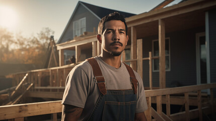 Portrait of a Hispanic contractor working at a home that is being built  - obrazy, fototapety, plakaty
