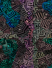 A hand-drawn drawing of geometric colored shapes on a black background.Seamless background.
