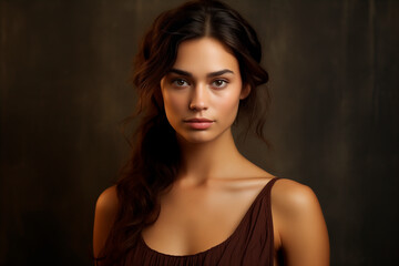 a beautiful woman in a brown dress, strong facial expression, dark white and dark brown, simple, multi-layered.