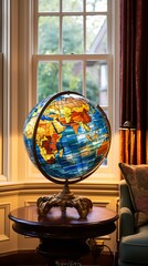 glass globe on a table, world globe, sphere, globe on table