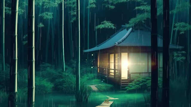Residence among bamboo trees at night
