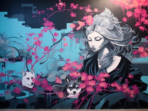 Large Grafity street art painting of a mysterious woman