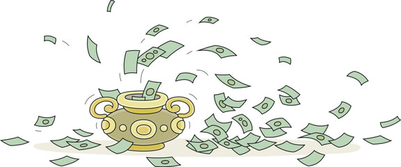 Magic pot throwing out huge quantities of banknotes after a spell of its owner, vector cartoon illustration isolated on a white background - obrazy, fototapety, plakaty