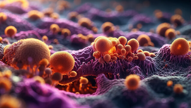 Multi-colored microorganisms under a microscope parasitology