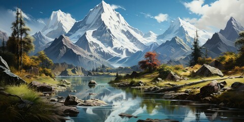 captivating painting depicting a serene mountain lake with a majestic mountain in the background - obrazy, fototapety, plakaty