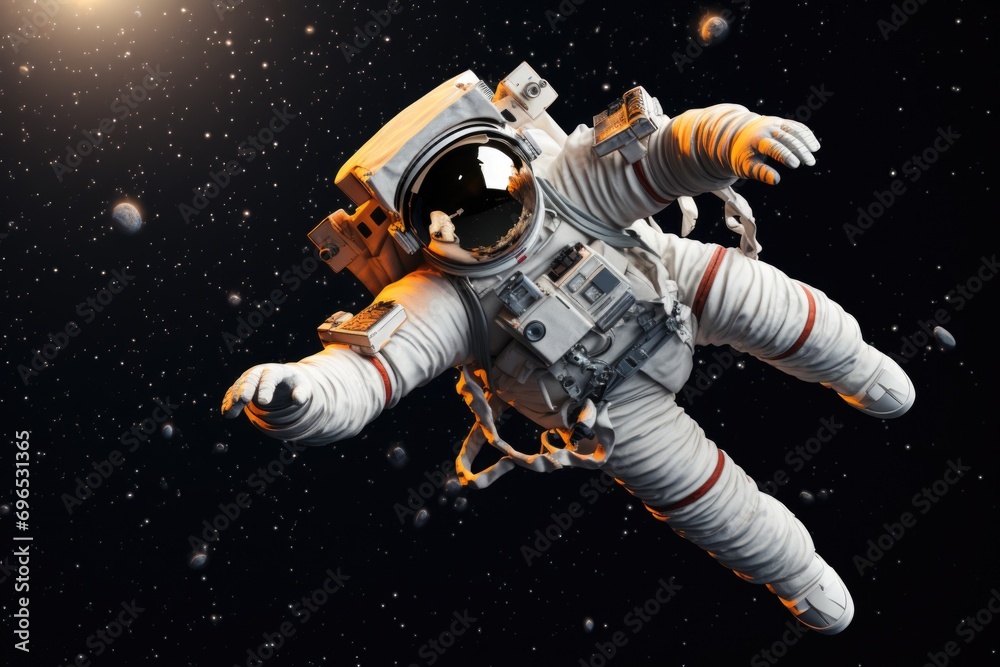 Poster An astronaut in a spacesuit floating in the vastness of space. Perfect for science fiction enthusiasts or educational materials about space exploration