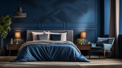 Photo of an interior with Navy blue carpet in front of bed next to lamp in bedroom interior with textured wall