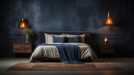 Photo of an interior with Navy blue carpet in front of bed next to lamp in bedroom interior with textured wall