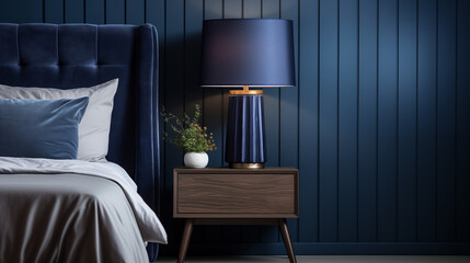 Photo of an interior with Navy blue carpet in front of bed next to lamp in bedroom interior with textured wall