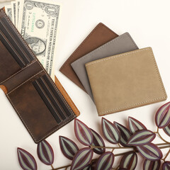 Colorful man wallet. Concept shot, top view, different colors man wallet. Special background man wallet view. Men fashion and accessories.