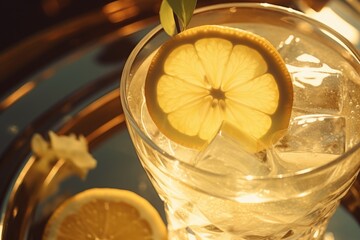 A glass of lemonade with a slice of lemon. Perfect for quenching your thirst on a hot summer day - obrazy, fototapety, plakaty