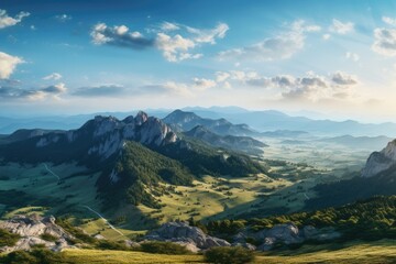 Naklejka premium A picturesque view of a serene valley with majestic mountains in the background. Perfect for travel and nature-themed designs