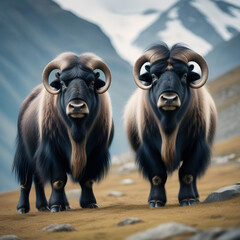 Two black musk ox standing front of mountain