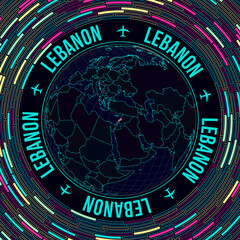 Lebanon on globe. Satellite view of the world centered on Lebanon. Bright neon style. Futuristic radial bricks background. Stylish vector illustration.