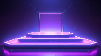 Beautiful futuristic technological light purple and blue podium with light neon panels for product presentation