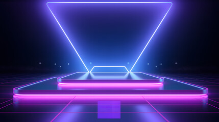 Beautiful futuristic technological light purple and blue podium with light neon panels for product presentation