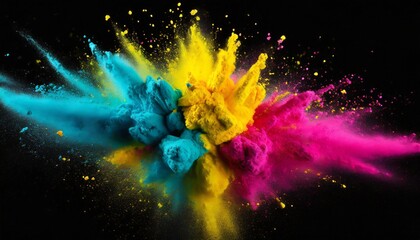colorful cmyk cyan magenta yellow key holi paint color powder explosion isolated dark black background printing print business industry manufacturing beautiful party festival concept - obrazy, fototapety, plakaty