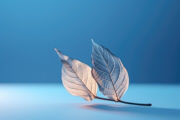 Two leaves are seen up close on a blue surface. This image can be used to represent nature, the environment, or the changing seasons