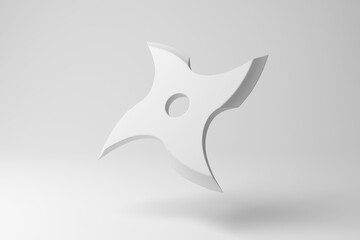Fototapeta premium White 4-point shuriken floating in mid air on white background in monochrome and minimalism. Illustration of the concept of Japanese weapons