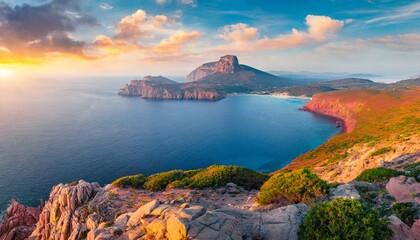 panotamic view of caccia cape astonishing spring sunrise on sardinia island italy europe attractive morning seascape of mediterranean sea beauty of nature concept background