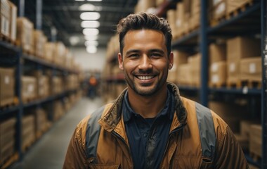 Professional positive loader worker in uniform smiling on the background is a large warehouse with shelves full of goods for delivery