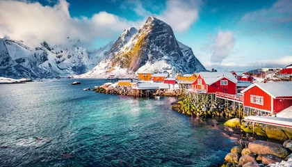 Poster attractive morning scene of sakrisoy village norway europe bright winter view of lofoten islads witj typical red wooden houses beautiful seascape of norwegian sea traveling concept background © Sawyer