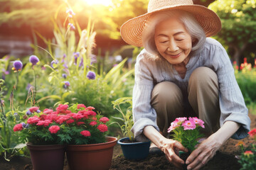 Mature woman plants flowers in garden. Concept gardening and lifestyle of retirees - obrazy, fototapety, plakaty