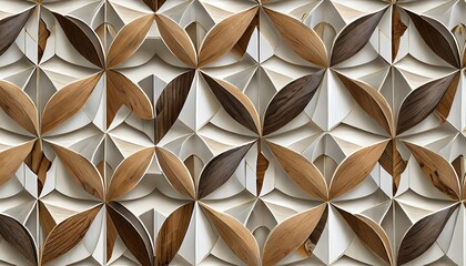 3d wallpaper in the form of imitation of decorative mosaic of white and brown details and wood decor elements high quality seamless realistic texture