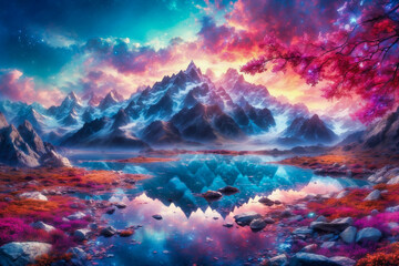 Naklejka premium A mountain range with clouds and a lake