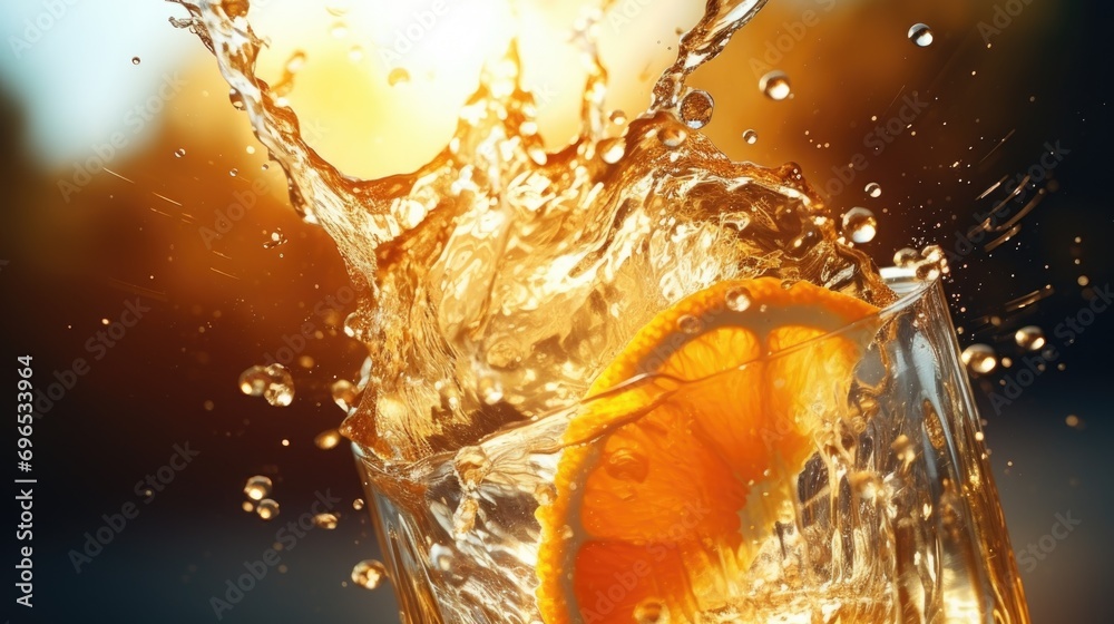 Poster a glass of water with a slice of orange floating in it. perfect for promoting hydration and a health