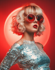  Disco styling glitter, disco ball. Futuristic but retro look, young people having fun the old fashioned way. Illustration. Generative AI.