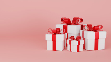 3D white gift boxes with red ribbon bow, 3D render illustration