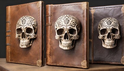 brown aged leather book cover rich decorated with patterned skulls captured from three sides