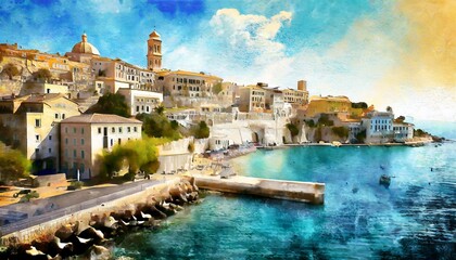 a city by the seashore digital illustration photo wallpapers the fresco
