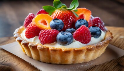 closeup fresh fruit tart with fresh fruit and cream cheese strawberry apricot blueberry raspberry...