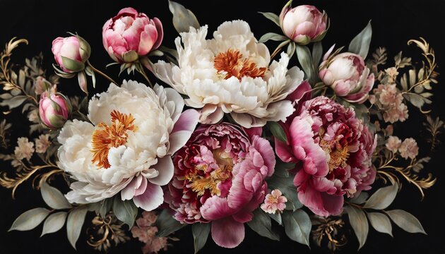 vintage bouquet of peonies on black floristic decoration floral background baroque old fashiones style image natural flowers pattern wallpaper or greeting card