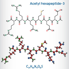 Naklejka premium Acetyl hexapeptide-3, acetyl hexapeptide-8, argireline molecule. Peptide, fragment of SNAP-25, a substrate of botulinum toxin. Structural chemical formula, molecule model.