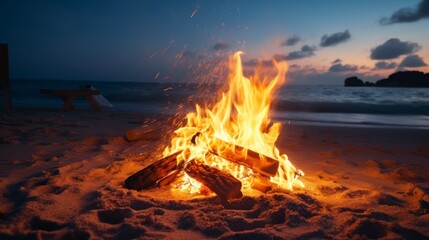 beautiful bonfire in the middle of a beach with a beautiful sunset in summer 4k