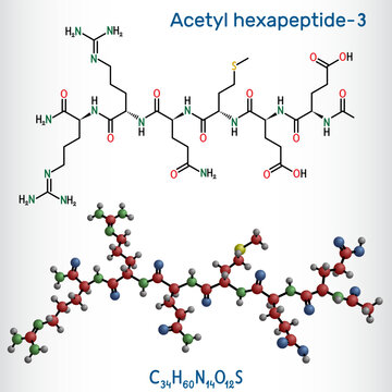 Acetyl hexapeptide-3, acetyl hexapeptide-8, argireline molecule. Peptide, fragment of SNAP-25, a substrate of botulinum toxin. Structural chemical formula, molecule model.