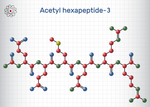 Acetyl hexapeptide-3, acetyl hexapeptide-8, argireline molecule. Peptide, fragment of SNAP-25, substrate of botulinum toxin. Sheet of paper in cage.