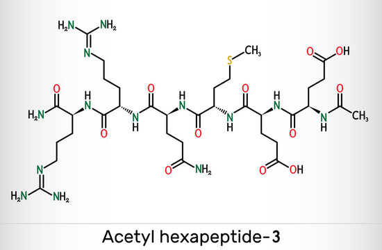 Acetyl hexapeptide-3, acetyl hexapeptide-8, argireline molecule. Peptide, fragment of SNAP-25, a substrate of botulinum toxin. Skeletal chemical formula