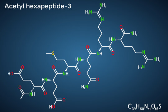 Acetyl hexapeptide-3, acetyl hexapeptide-8, argireline molecule. Peptide, fragment of SNAP-25, substrate of botulinum toxin. Structural formula, dark blue background.