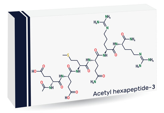 Acetyl hexapeptide-3, acetyl hexapeptide-8. argireline molecule. Peptide, fragment of SNAP-25, a substrate of botulinum toxin. Skeletal chemical formula. Paper packaging for drugs.