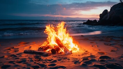 bonfire of wooden sticks in the middle of a beautiful beach - obrazy, fototapety, plakaty
