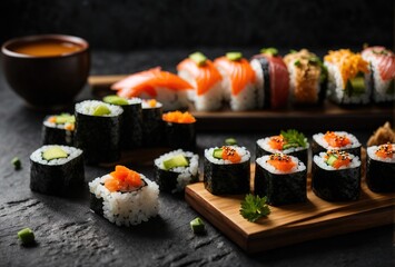 Set of sushi and maki with soy sauce over black stone background. Top view with copy space