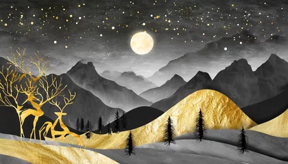 Fototapeten 3d modern art mural wallpaper night landscape with dark mountains gray background with stars deer black trees and golden waves generative ai © Sawyer