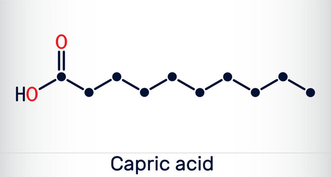 Capric acid, decanoic acid or decylic acid molecule. It is saturated fatty acid. Skeletal chemical formula.