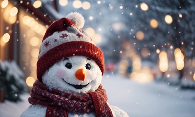Smiling happy snowman in winter scenery and Christmas lights with copy space