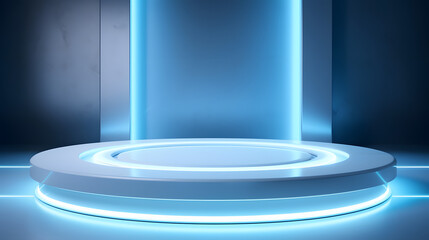 Beautiful futuristic technological light blue podium with light white CERAMIC panels for product presentation