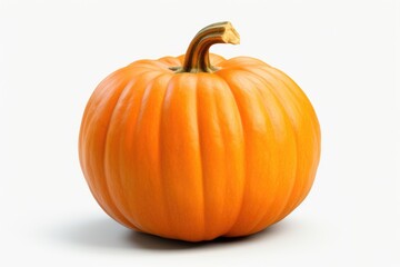 A small orange pumpkin sitting on a white surface. Can be used for Halloween decorations or fall-themed designs